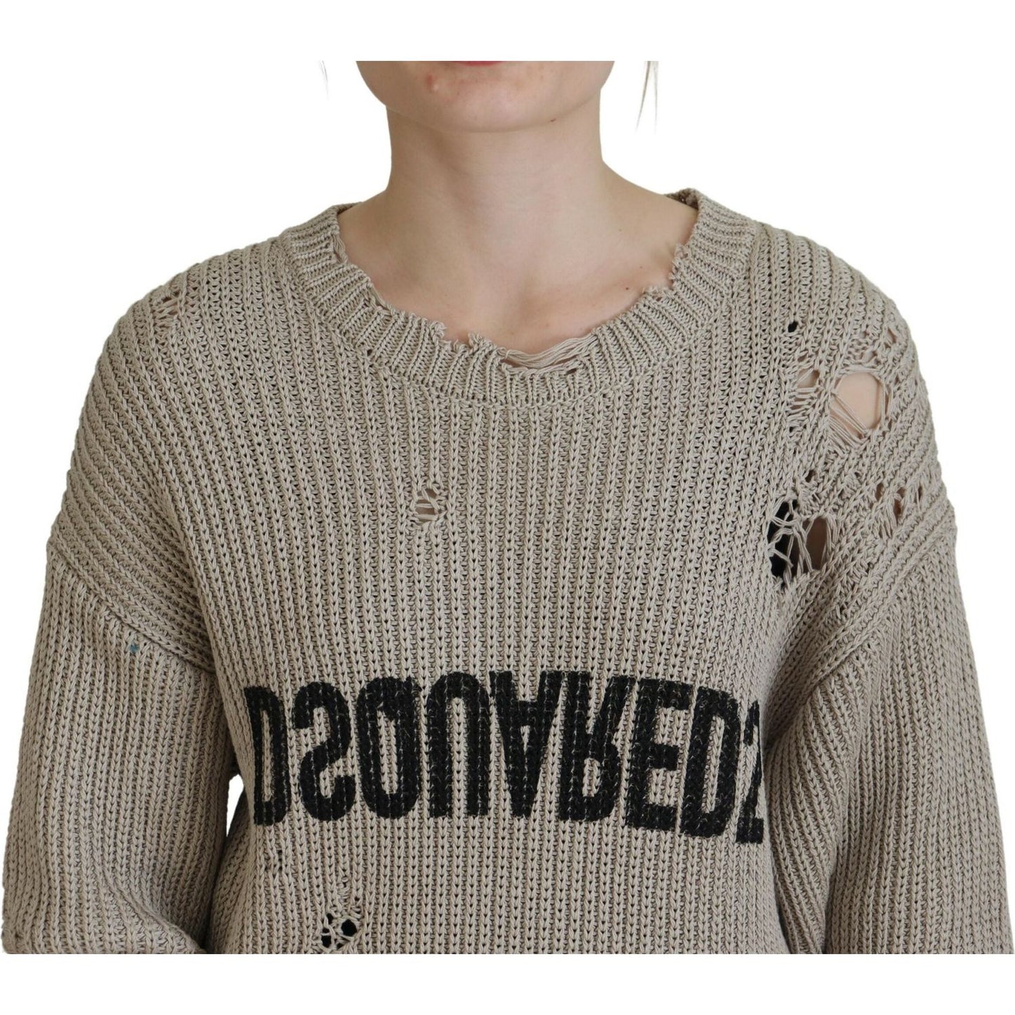 Beige Cotton Knitted Crewneck Pullover Sweater