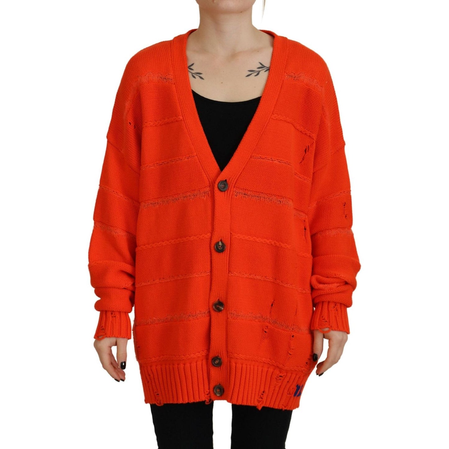 Orange Cotton Knitted Buttoned Cardigan Sweater