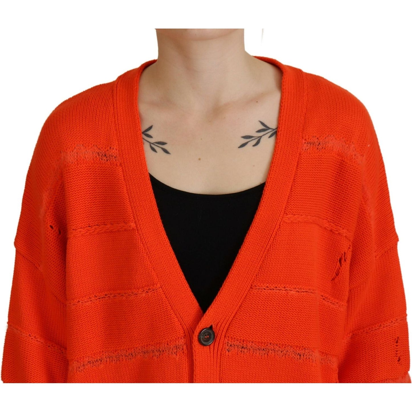 Orange Cotton Knitted Buttoned Cardigan Sweater