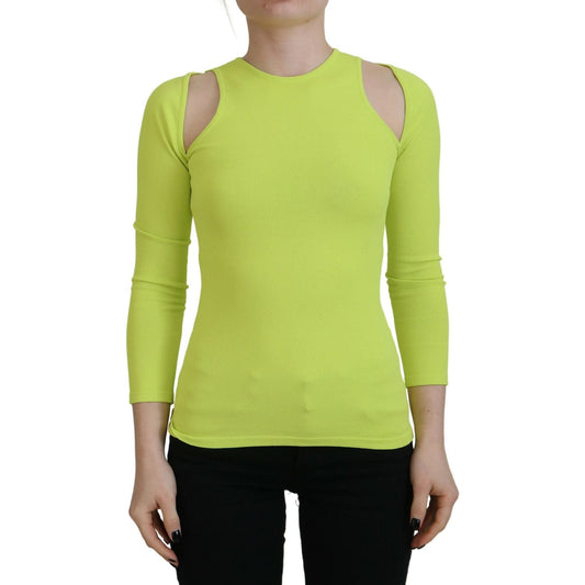 Yellow Green Viscose Open Shoulder Long Sleeves Top