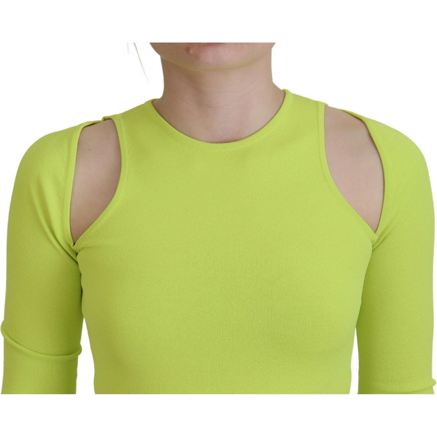 Yellow Green Viscose Open Shoulder Long Sleeves Top