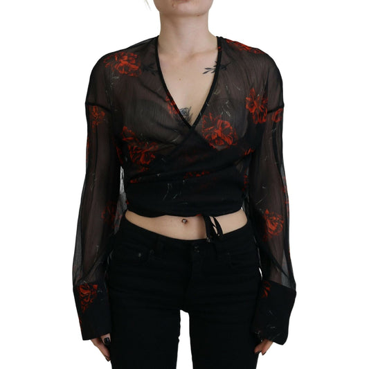 Black Floral Print Cropped Wrap Long Sleeves Top