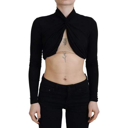 Black Cut Out Viscose Cropped Long Sleeves Top