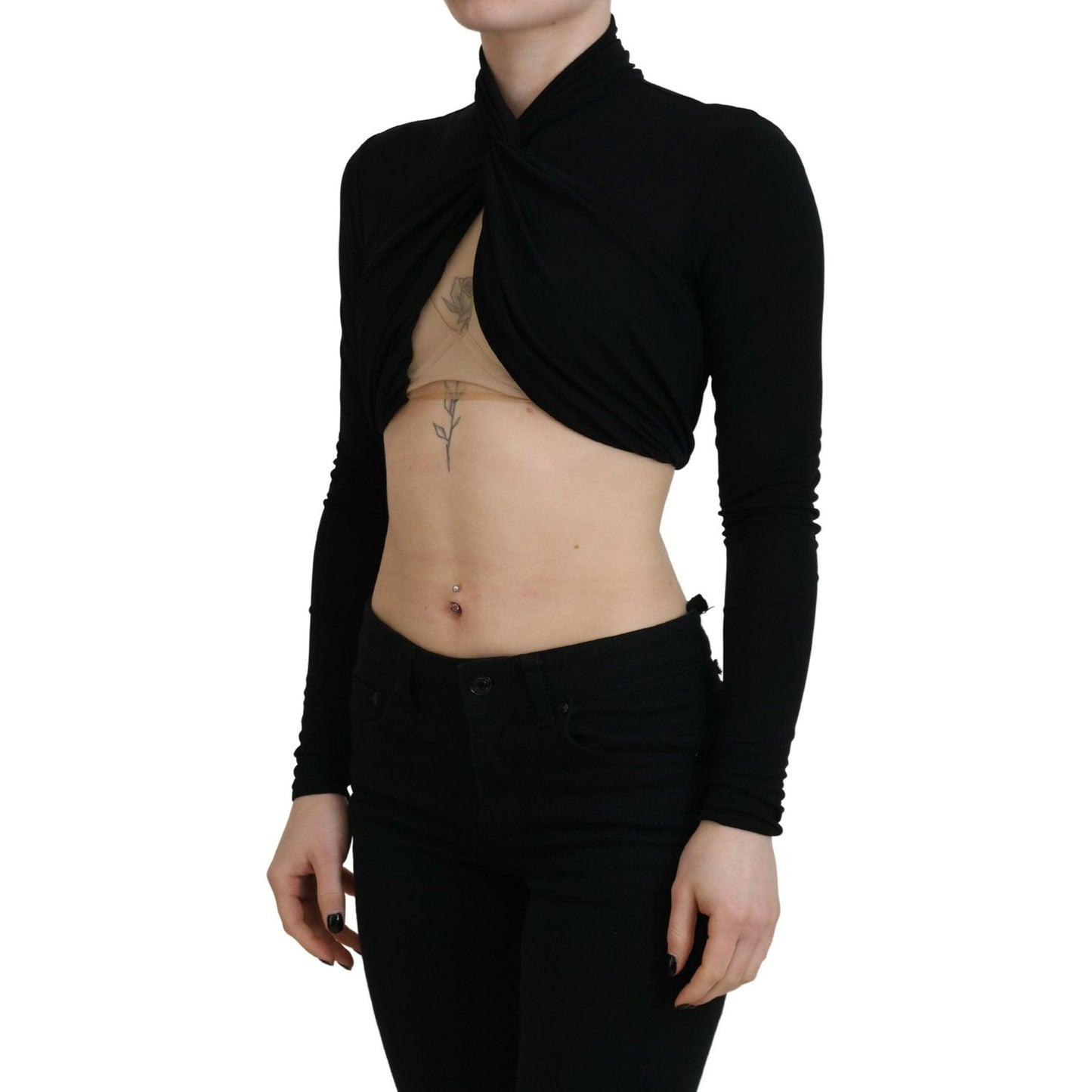 Black Cut Out Viscose Cropped Long Sleeves Top