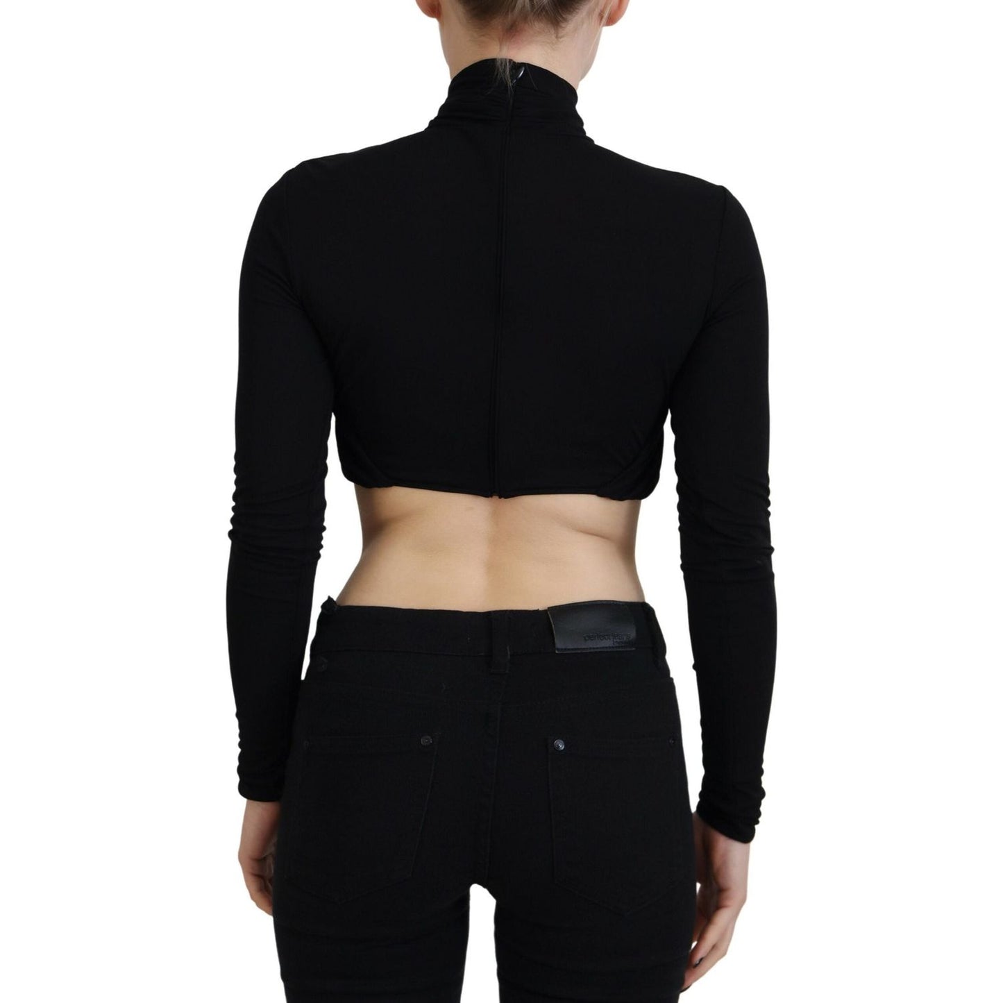 Black Cut Out Viscose Cropped Long Sleeves Top