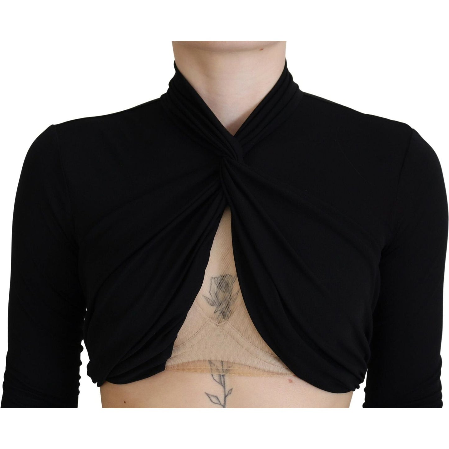 Black Cut Out Viscose Cropped Long Sleeves Top