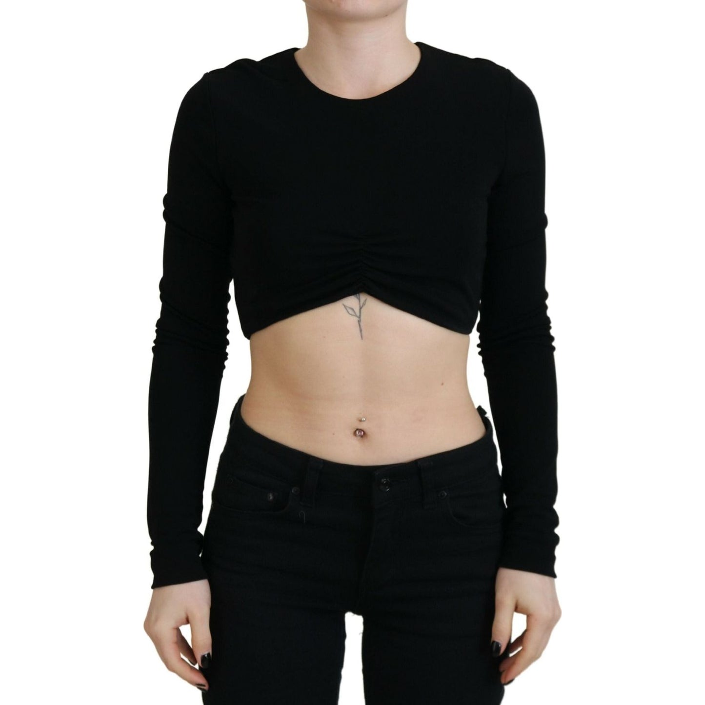 Black Viscose Cropped Round Neck Long Sleeves Top