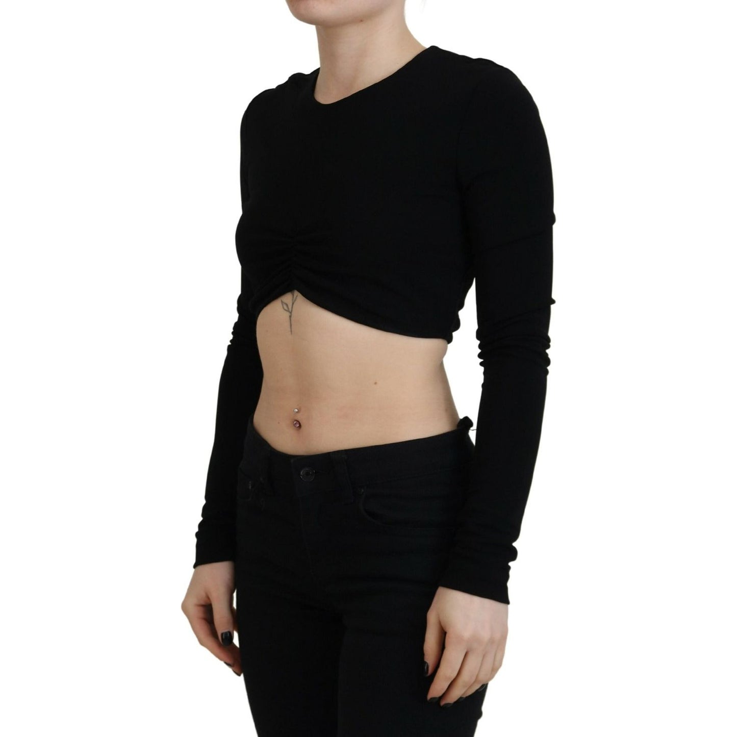 Black Viscose Cropped Round Neck Long Sleeves Top