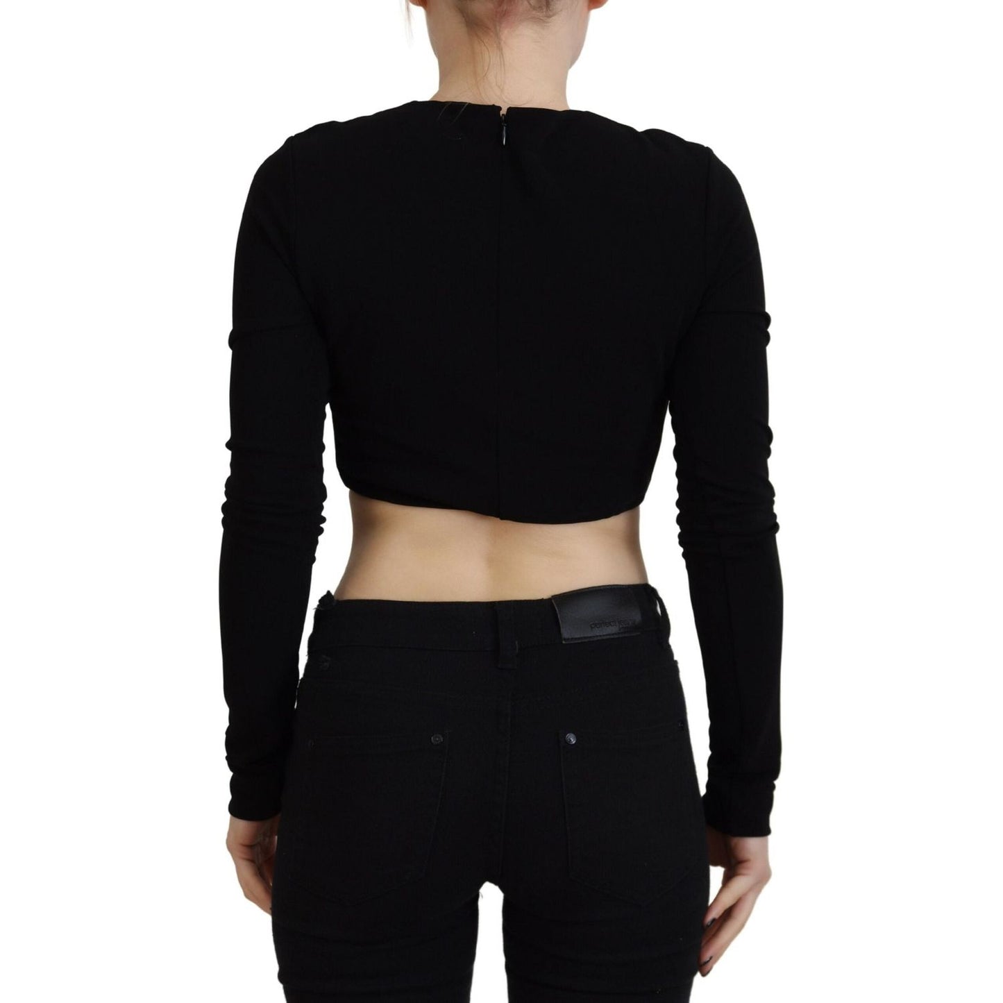 Black Viscose Cropped Round Neck Long Sleeves Top