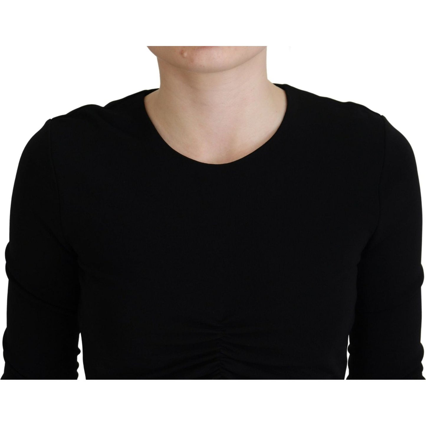 Black Viscose Cropped Round Neck Long Sleeves Top