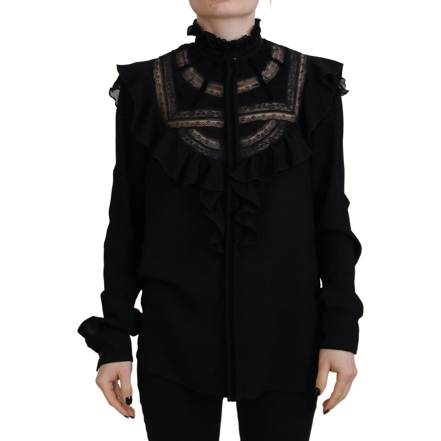 Black Lace Trim Turtle Neck Long Sleeves Top