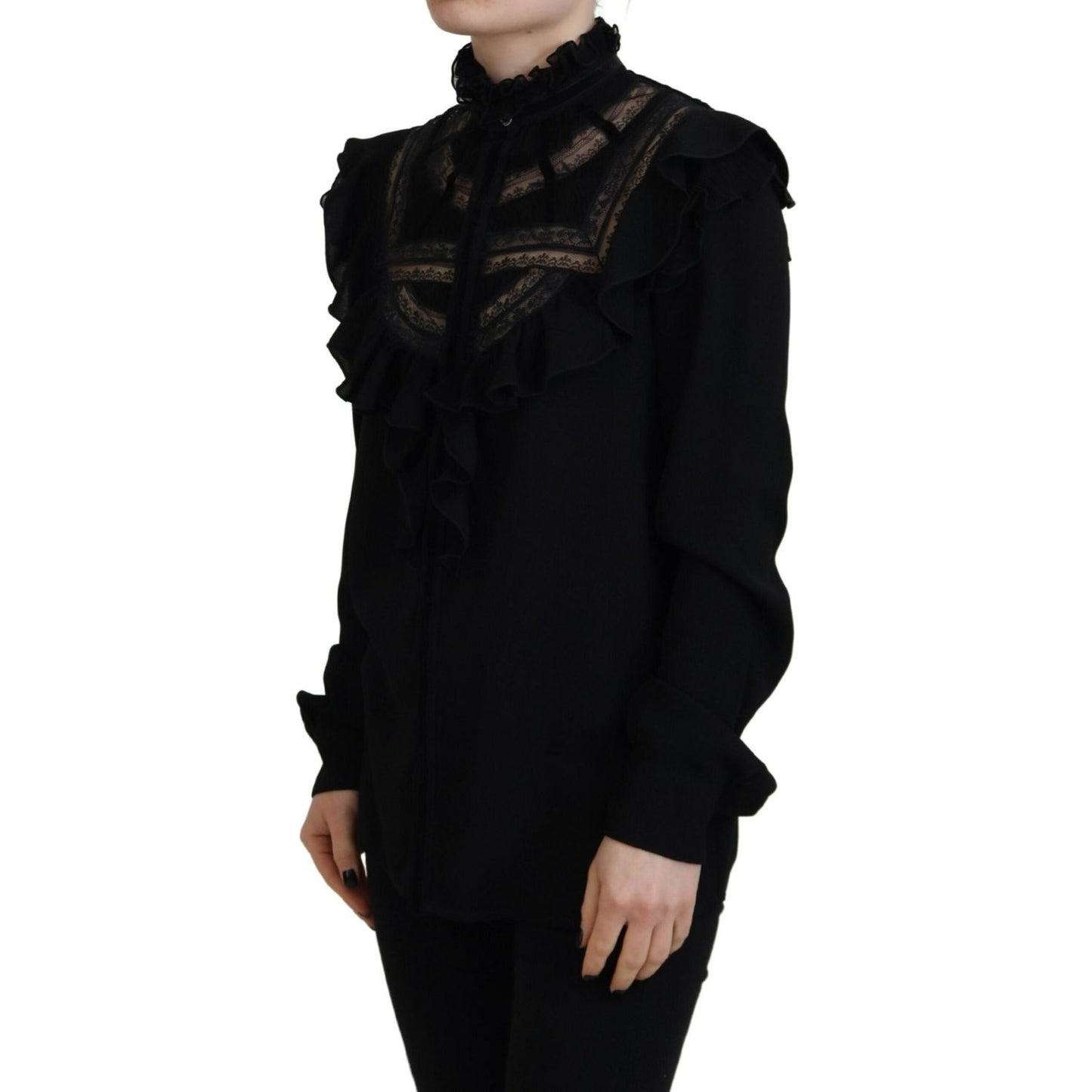 Black Lace Trim Turtle Neck Long Sleeves Top