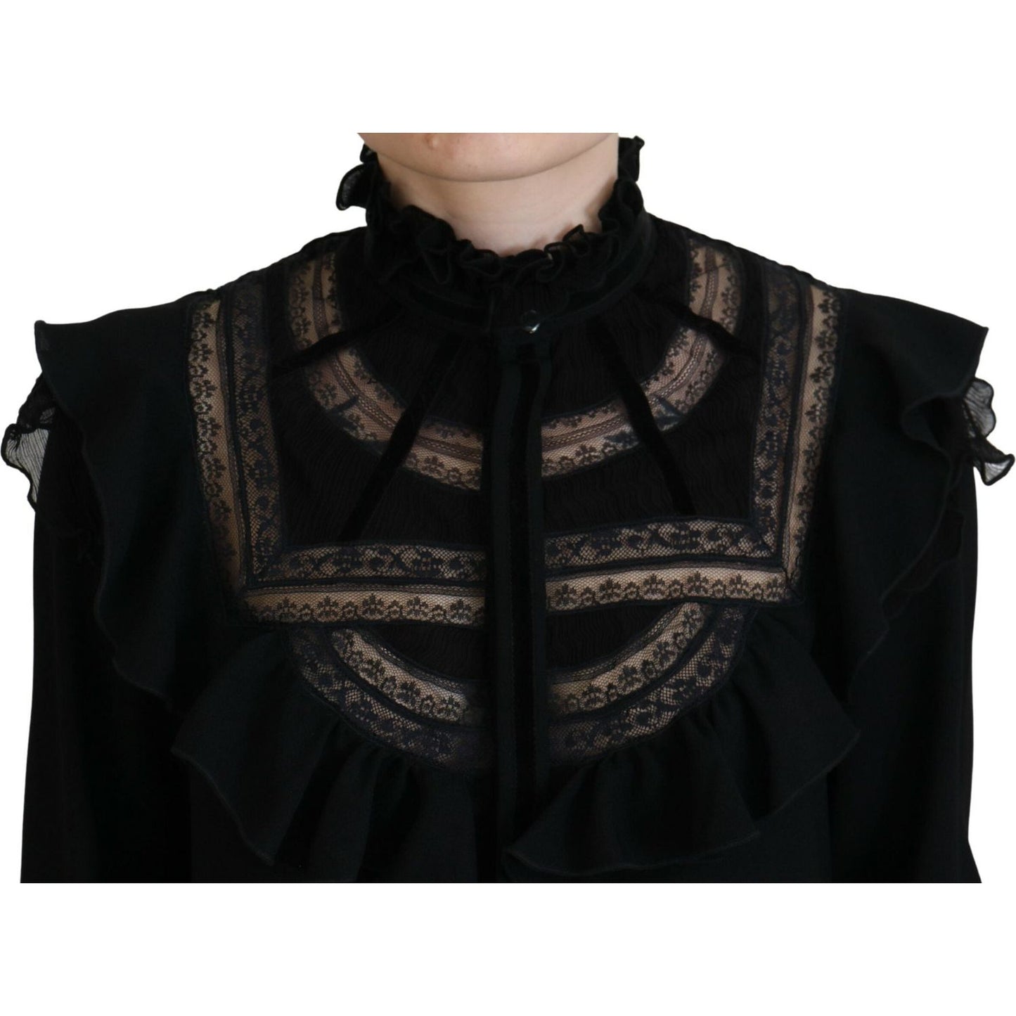 Black Lace Trim Turtle Neck Long Sleeves Top