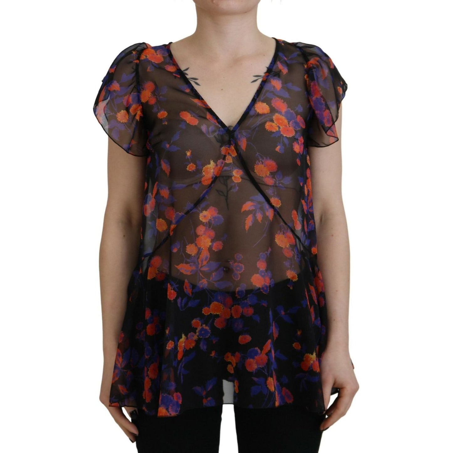 Black Floral Print Short Sleeves V-neck Blouse Top