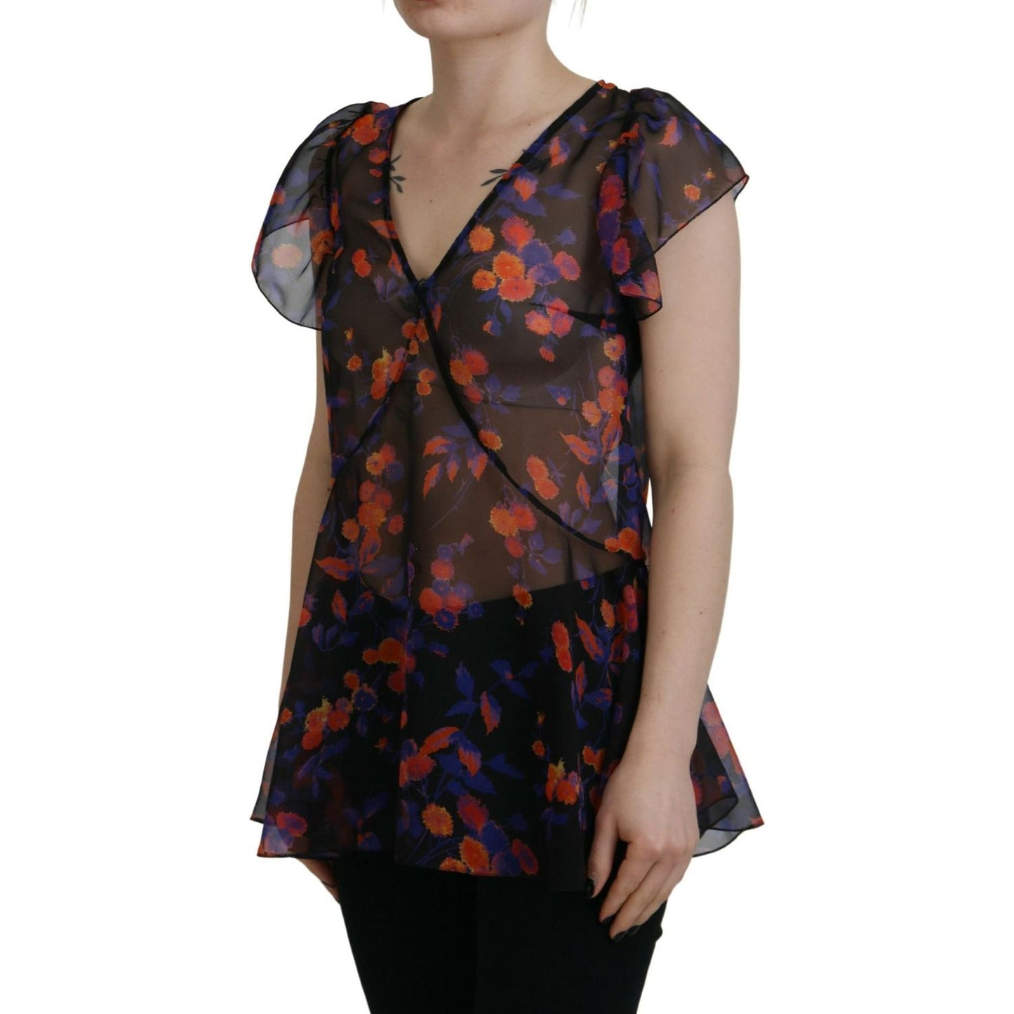 Black Floral Print Short Sleeves V-neck Blouse Top