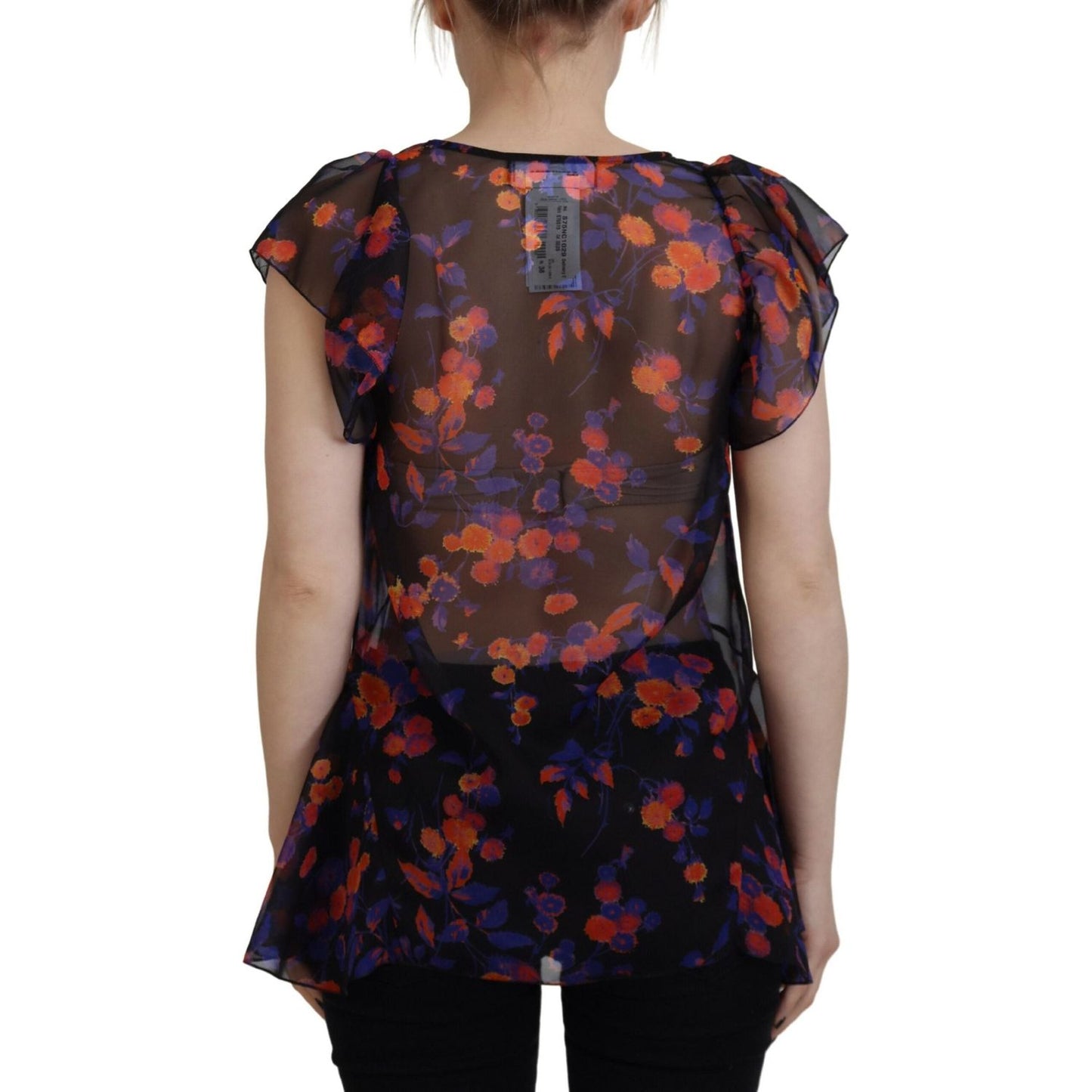 Black Floral Print Short Sleeves V-neck Blouse Top