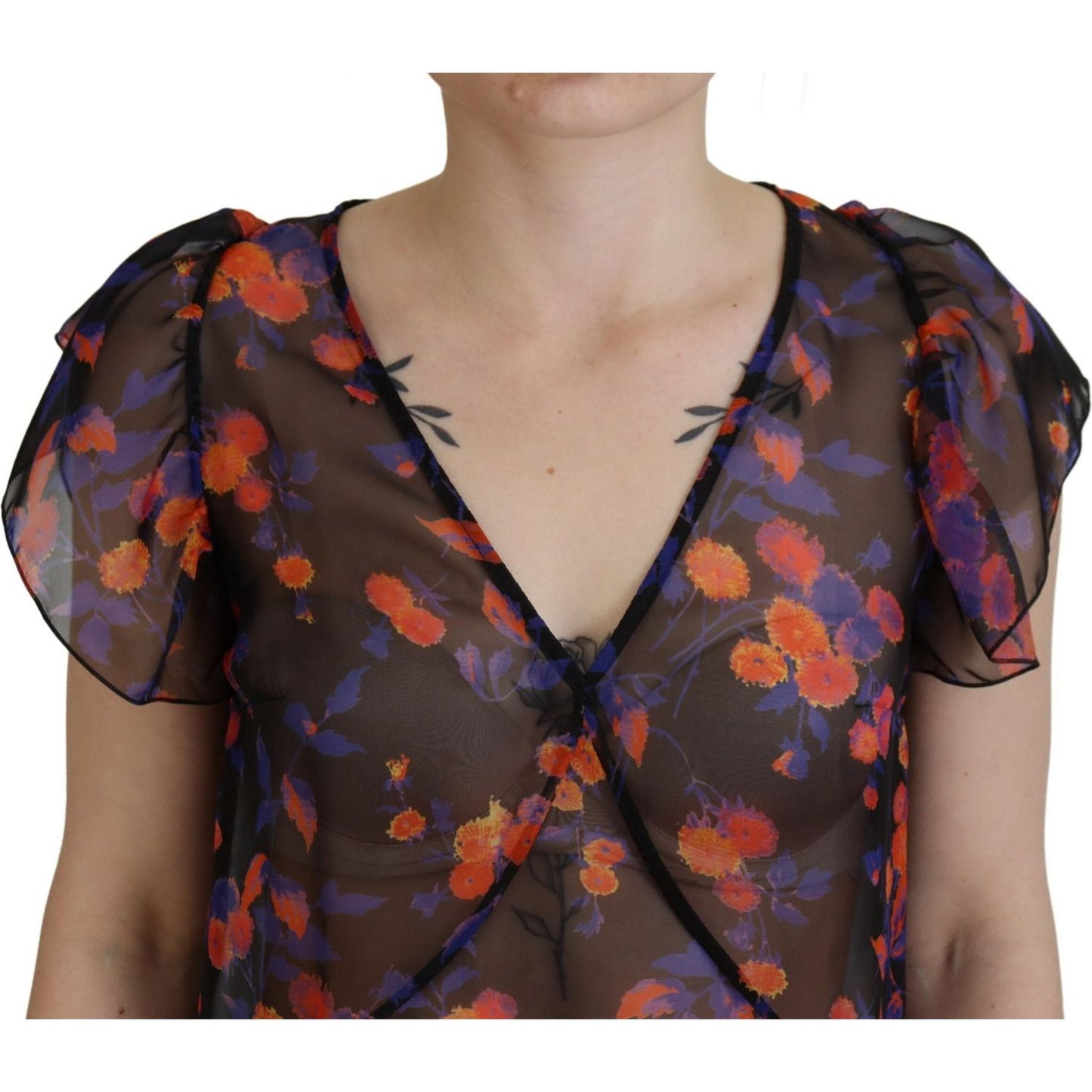 Black Floral Print Short Sleeves V-neck Blouse Top