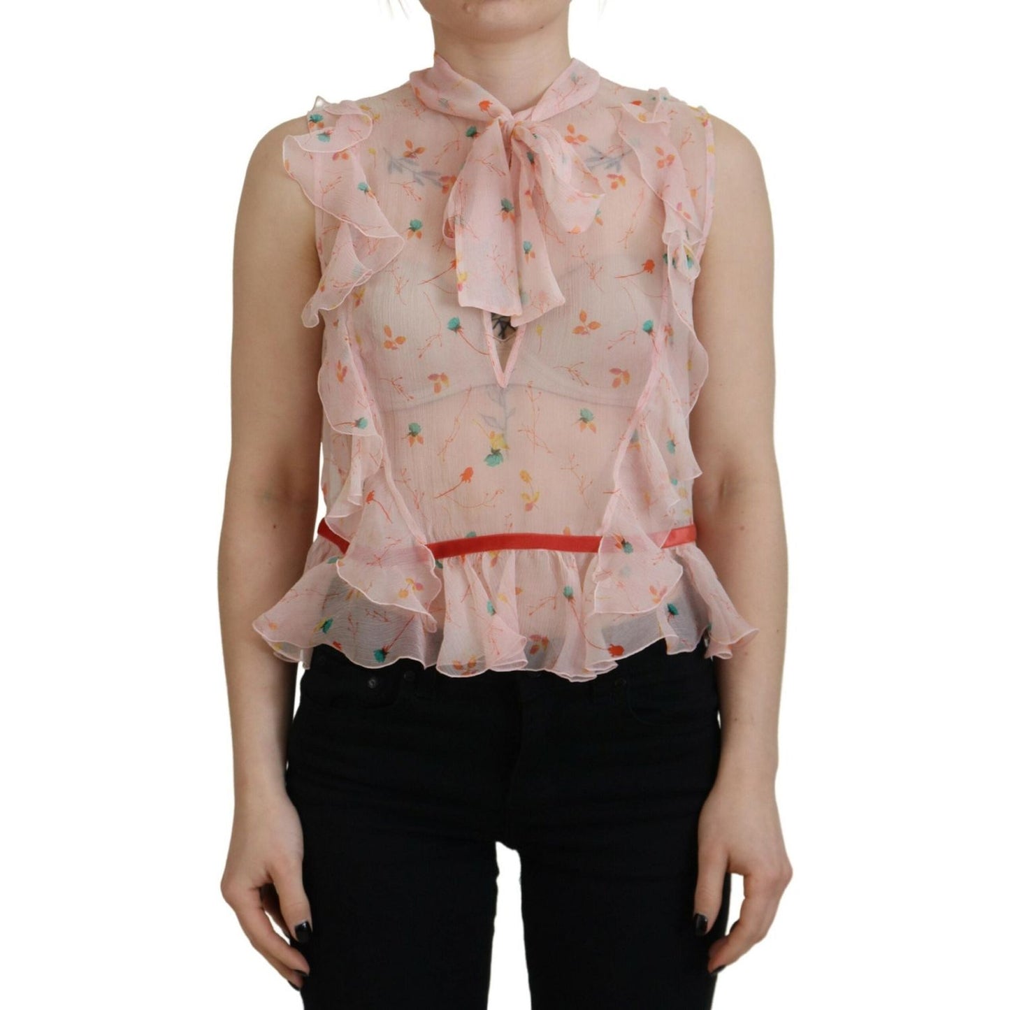 Pink Floral Print Silk Sleeveless Ascot Collar Top