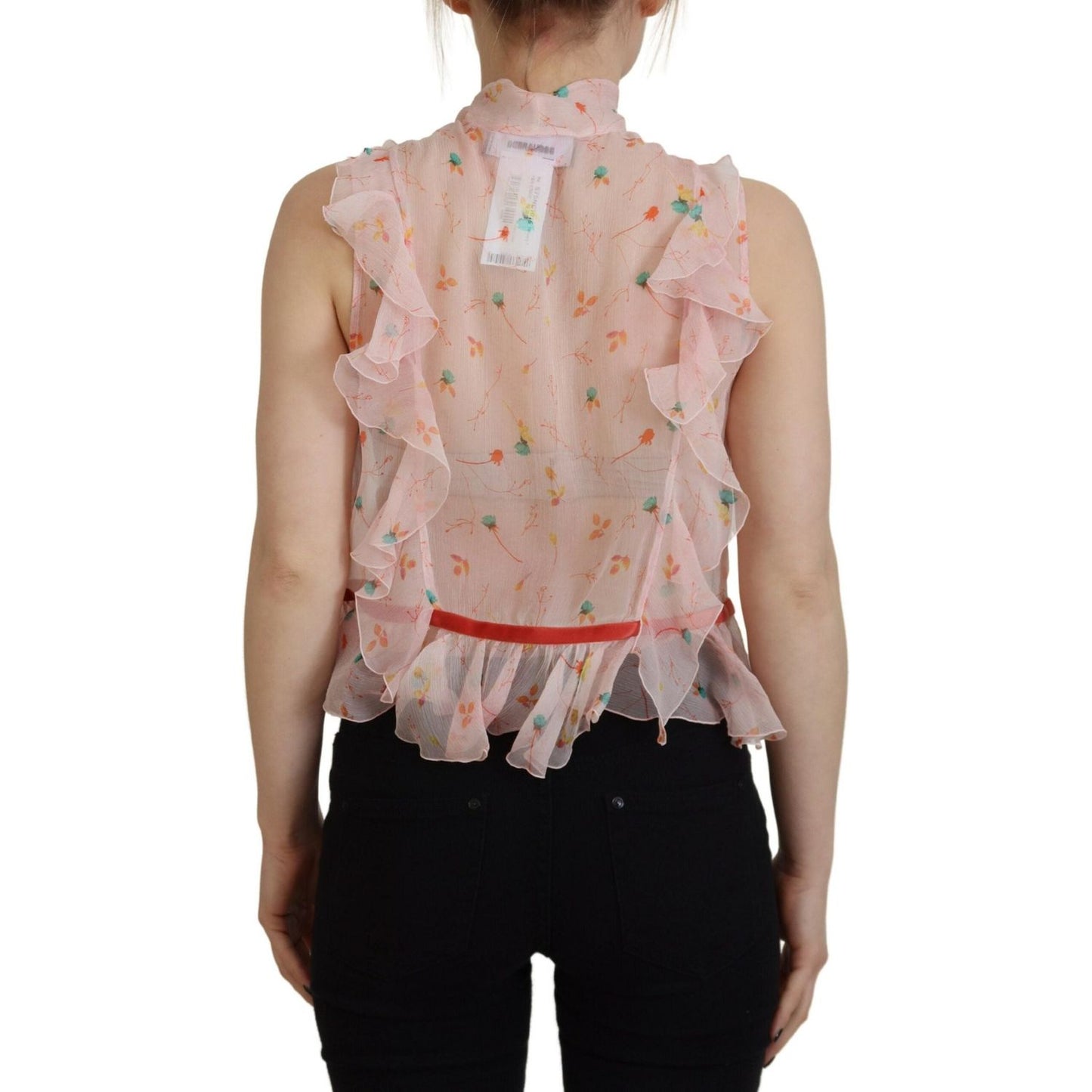 Pink Floral Print Silk Sleeveless Ascot Collar Top