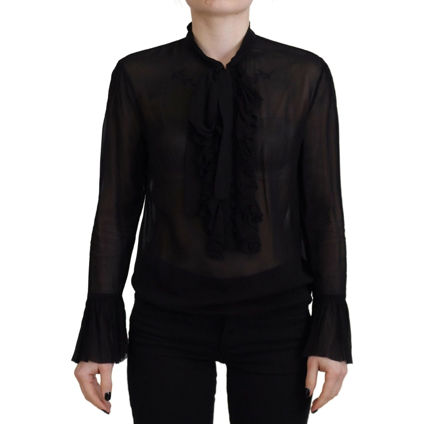 Black Viscose Long Sleeves See Through Blouse Top