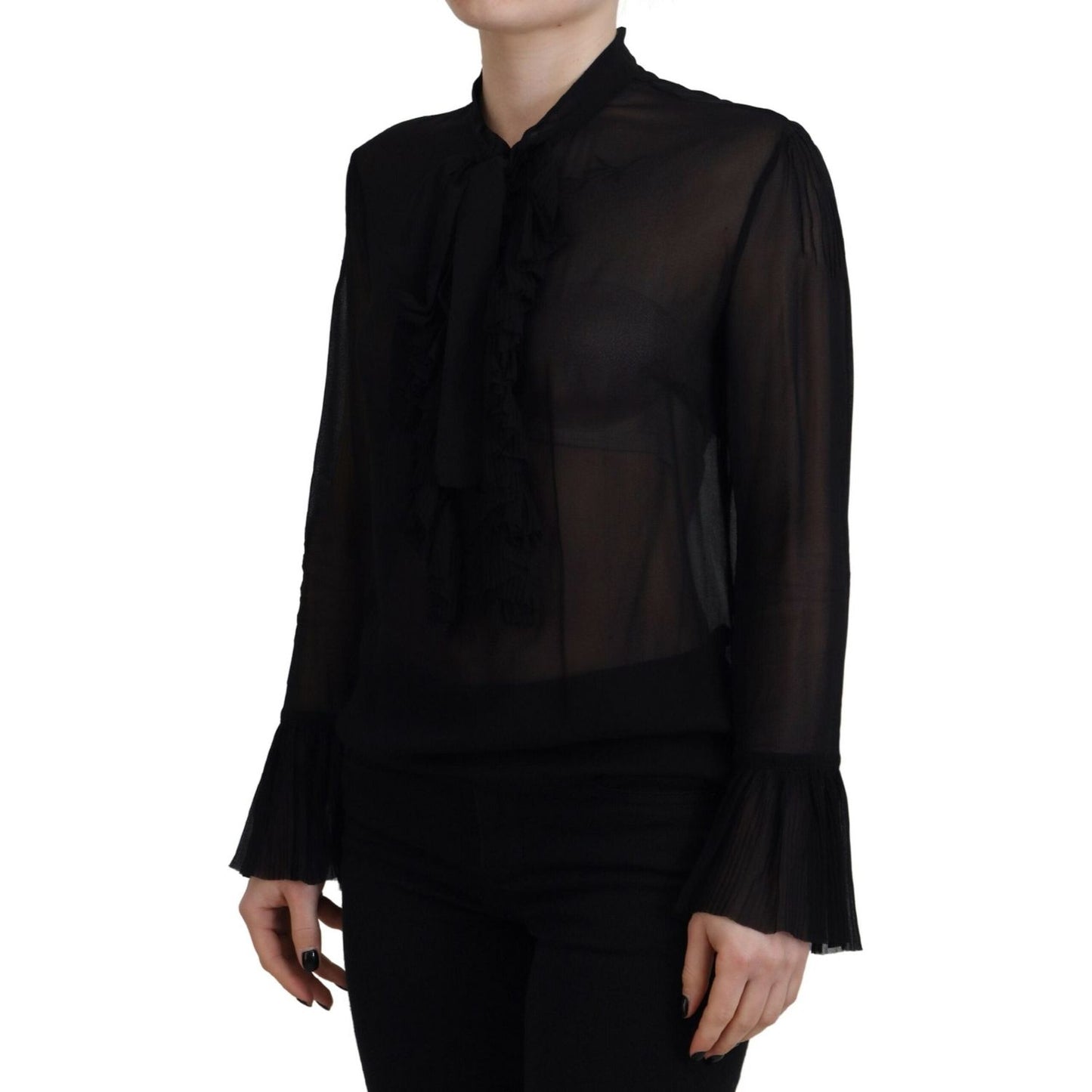 Black Viscose Long Sleeves See Through Blouse Top