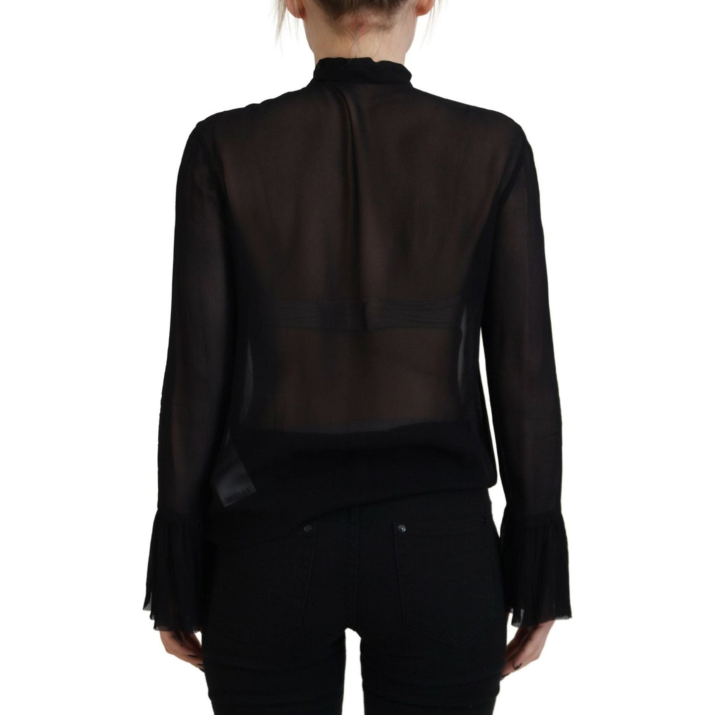 Black Viscose Long Sleeves See Through Blouse Top