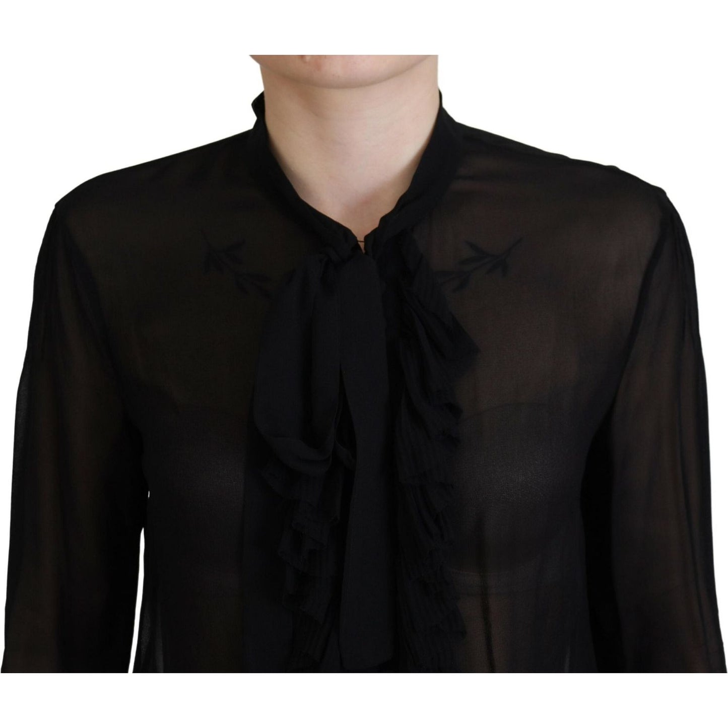 Black Viscose Long Sleeves See Through Blouse Top