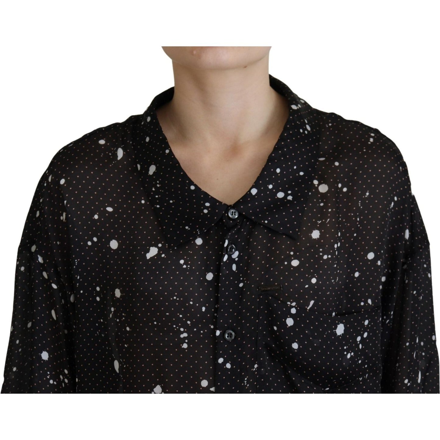 Black Polka Dots Collared Button Down Blouse Top