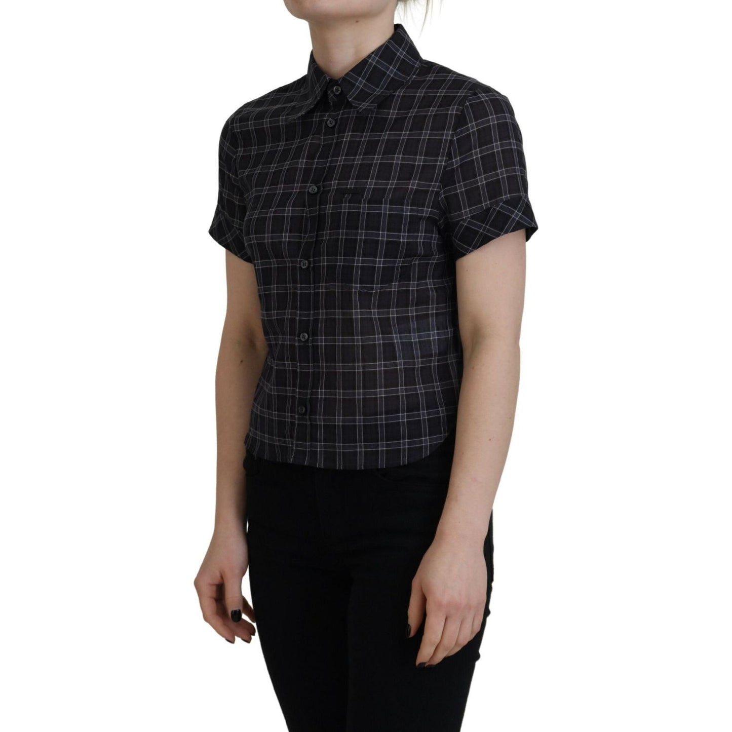 Black Checkered Collared Button Short Sleeves Top