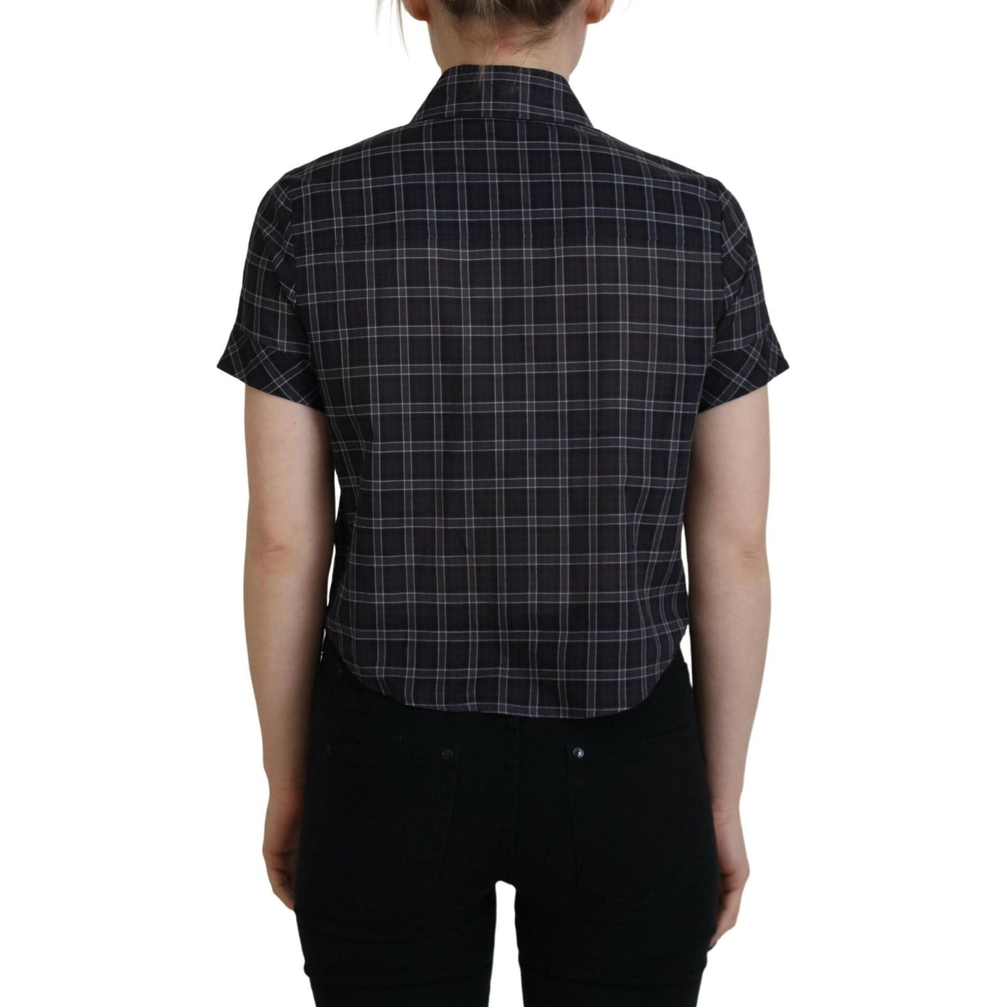 Black Checkered Collared Button Short Sleeves Top