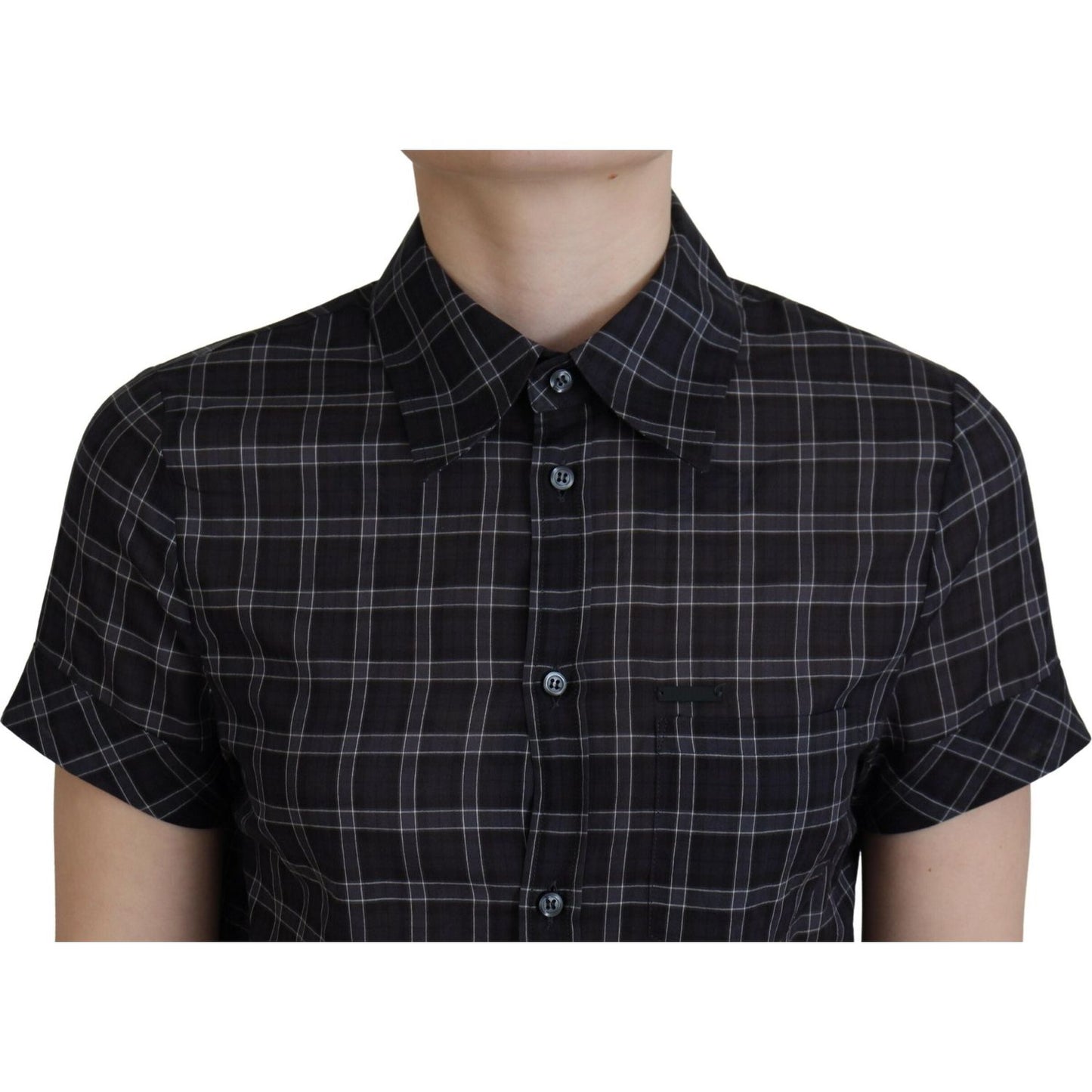 Black Checkered Collared Button Short Sleeves Top