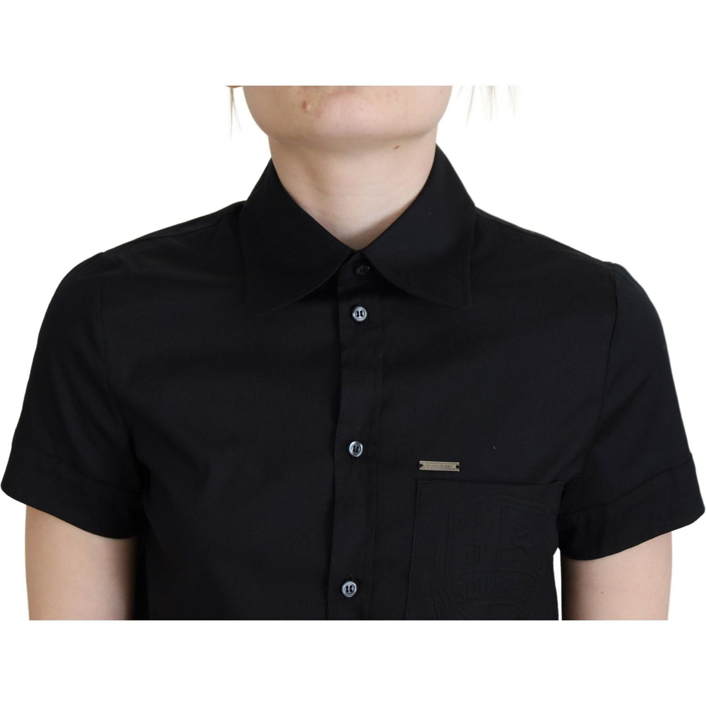 Black Collared Button Down Short Sleeves Polo Top