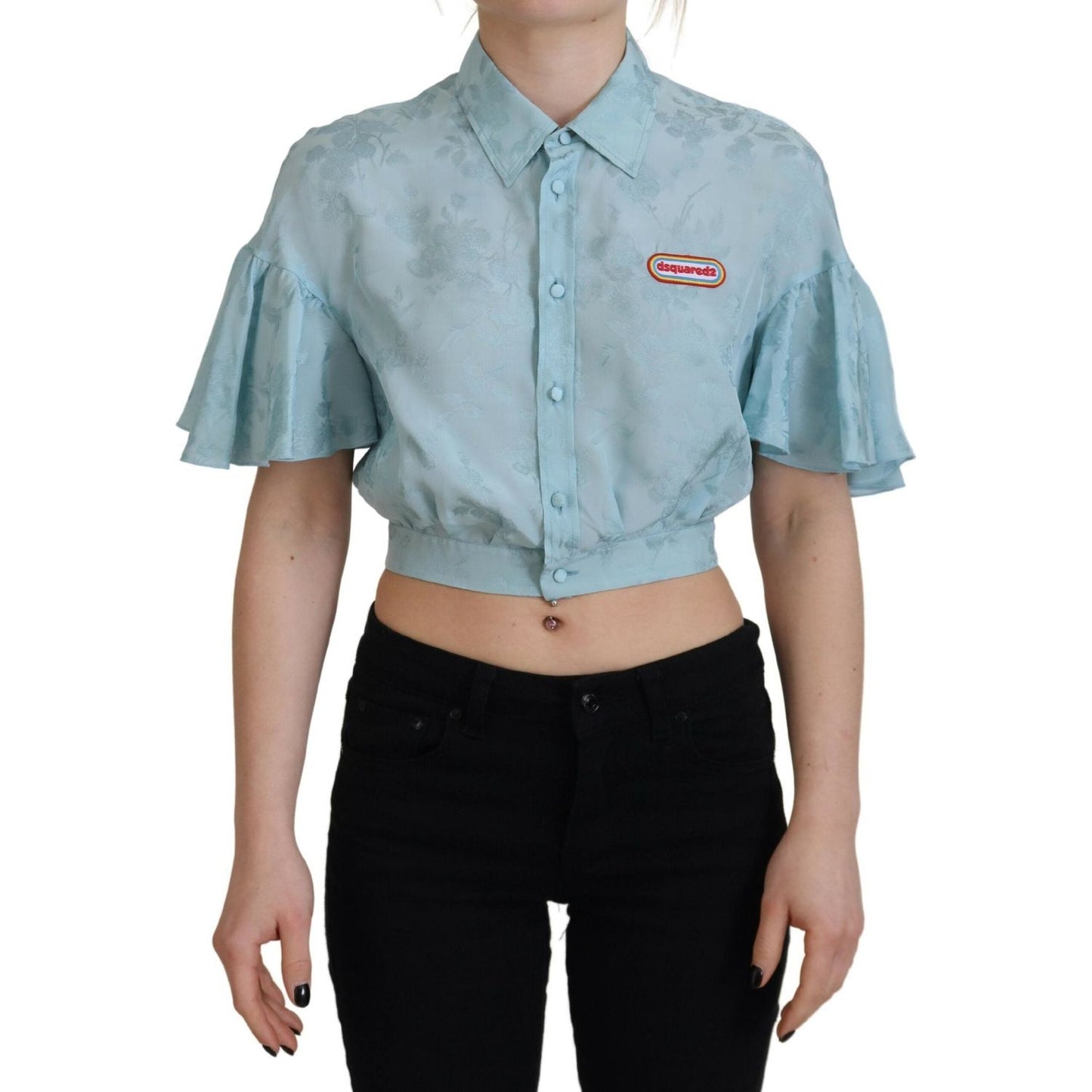 Blue Collared Button Down Short Sleeve Cropped Top