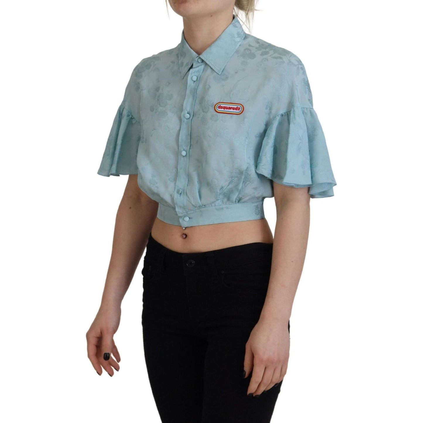 Blue Collared Button Down Short Sleeve Cropped Top