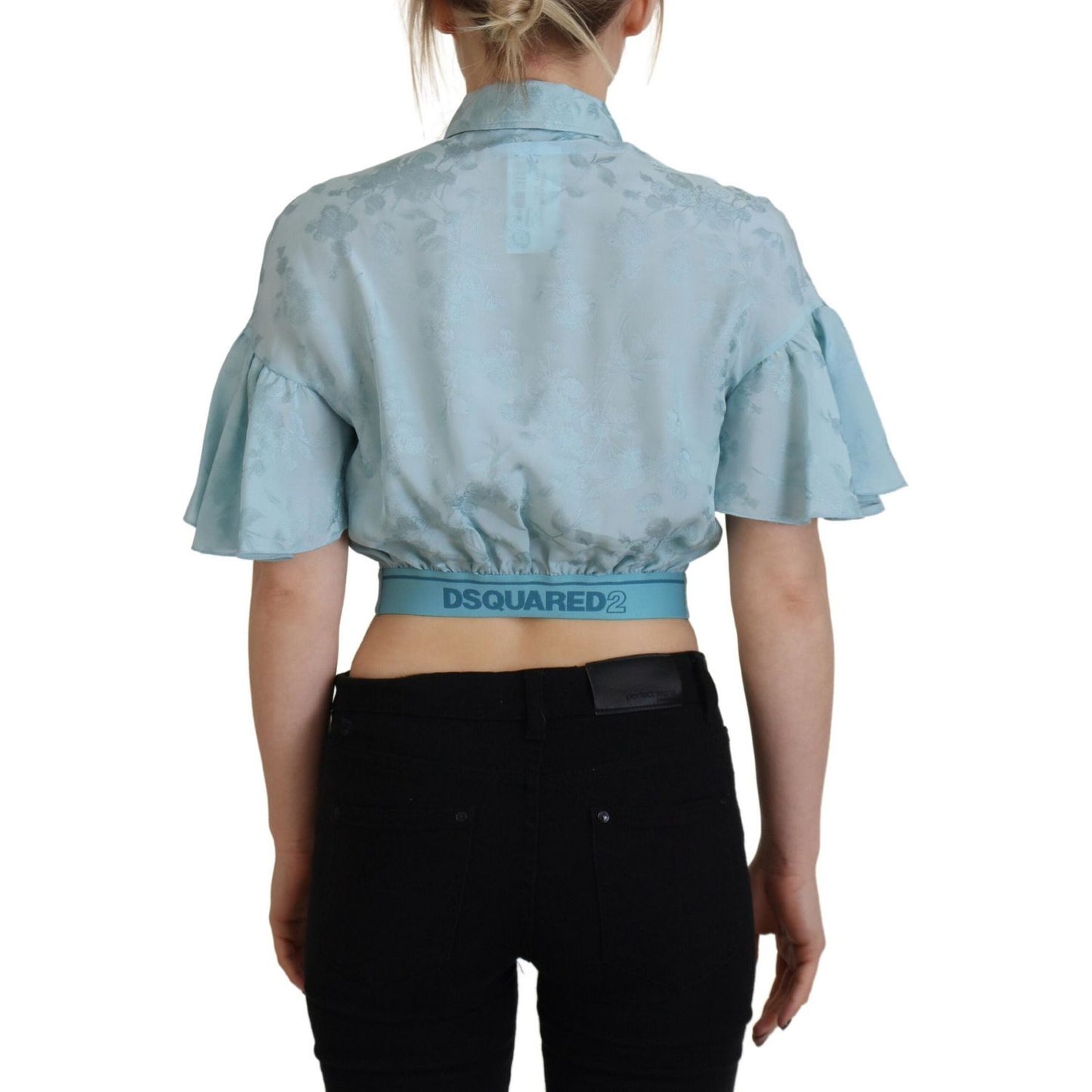 Blue Collared Button Down Short Sleeve Cropped Top