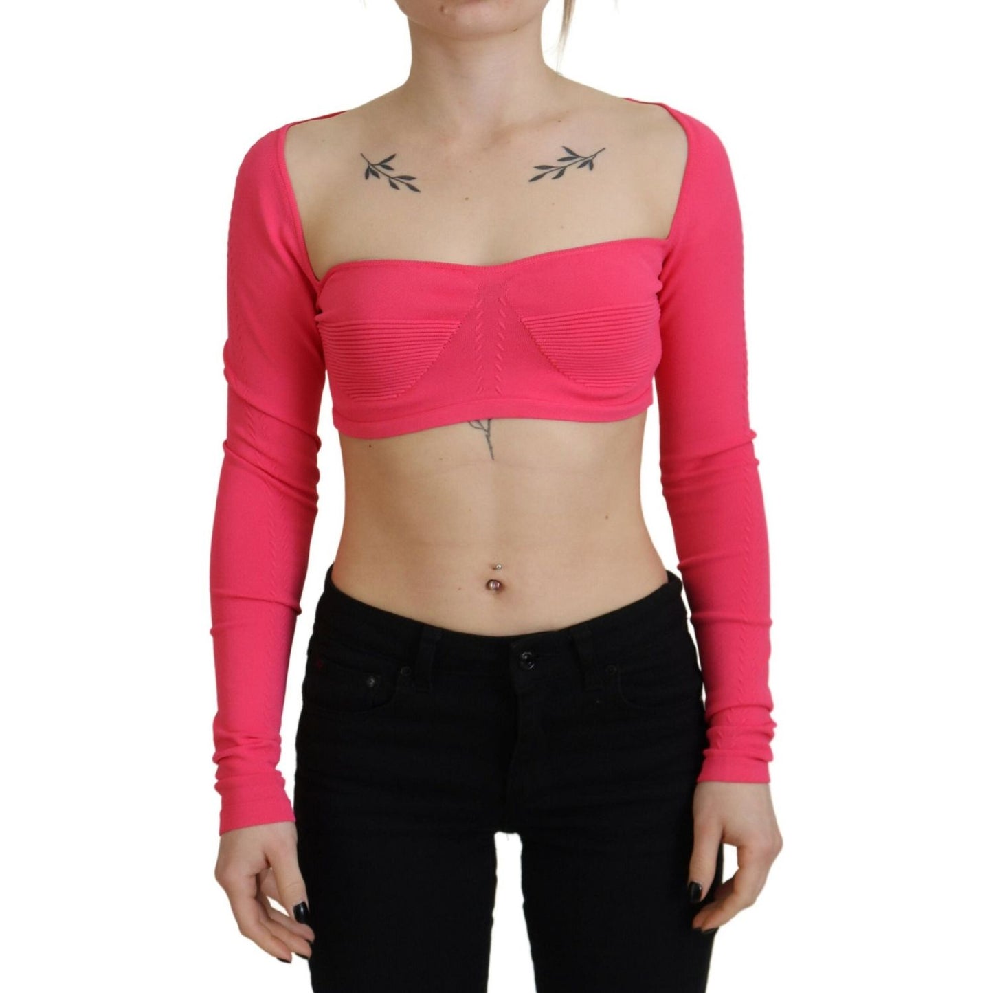 Pink Viscose Knit Square Neck Long Sleeves Top