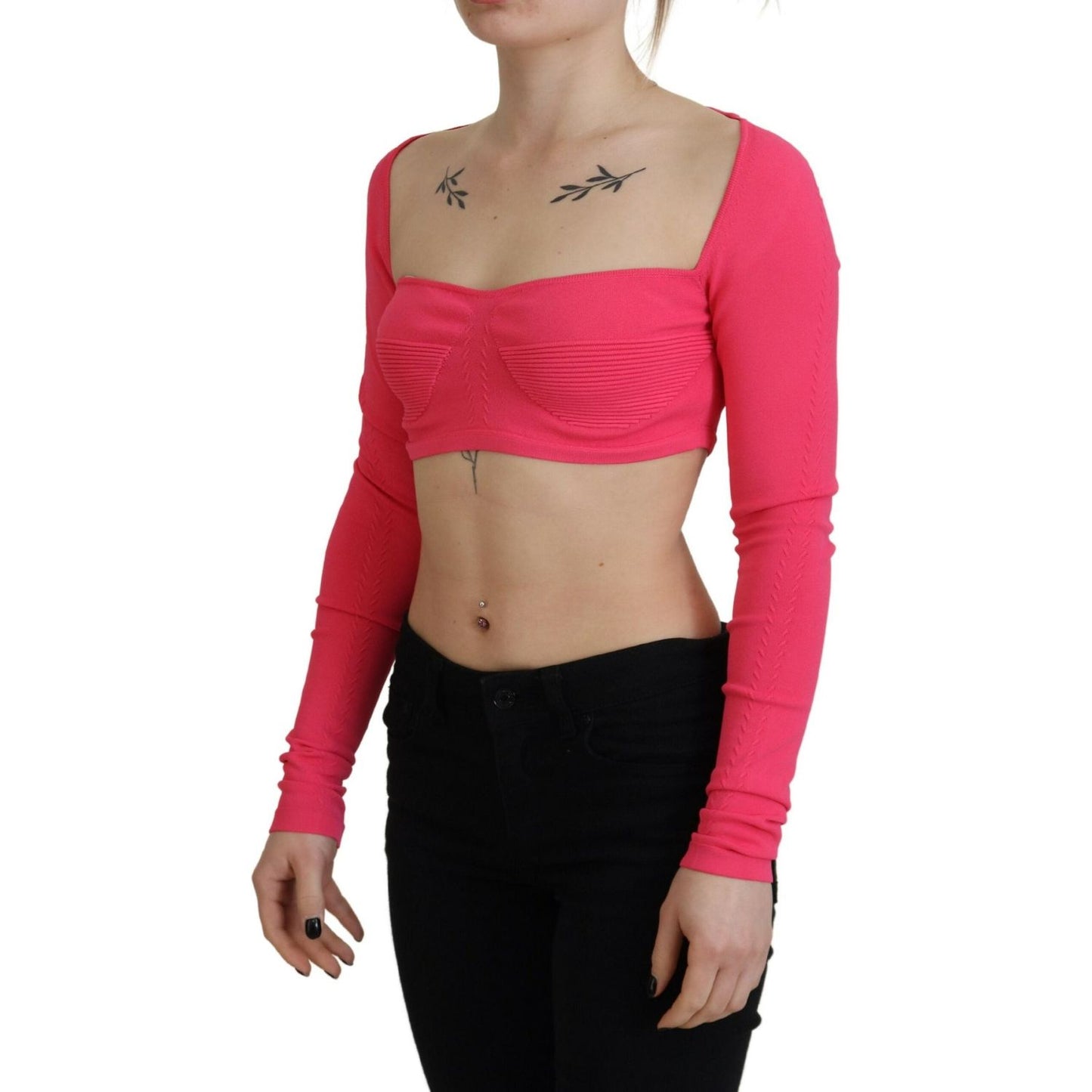 Pink Viscose Knit Square Neck Long Sleeves Top