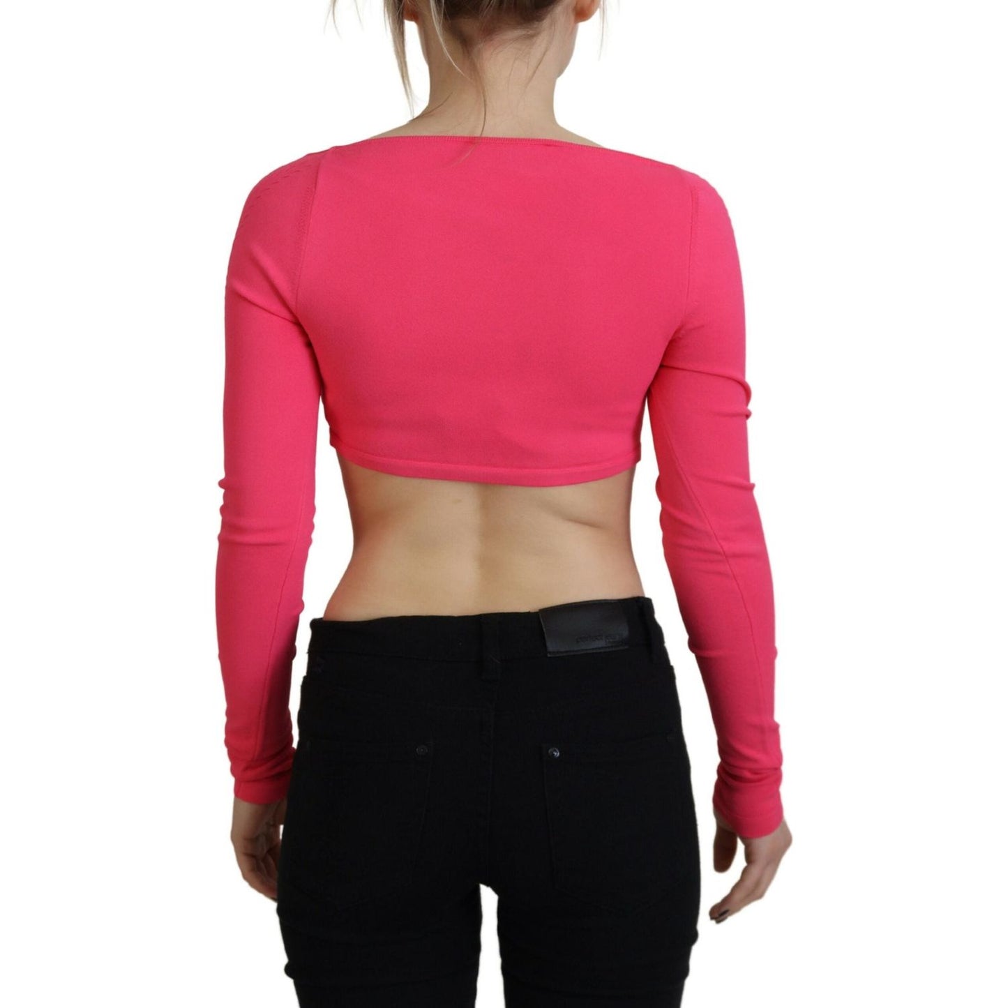 Pink Viscose Knit Square Neck Long Sleeves Top