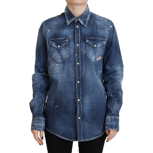 Blue Washed Cotton Button Down Collared Denim Shirt