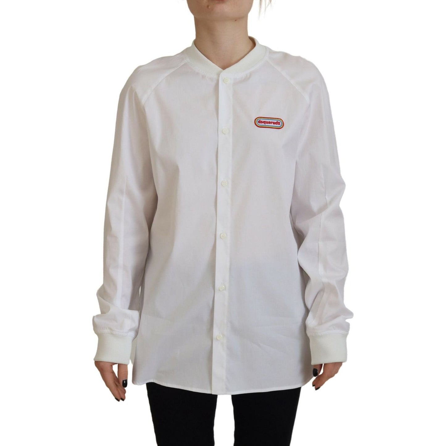 White Cotton Button Down Long Sleeves Crewneck Top