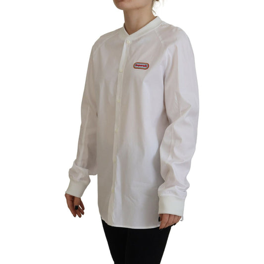 White Cotton Button Down Long Sleeves Crewneck Top