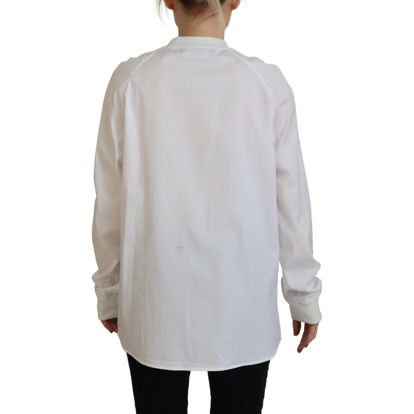 White Cotton Button Down Long Sleeves Crewneck Top