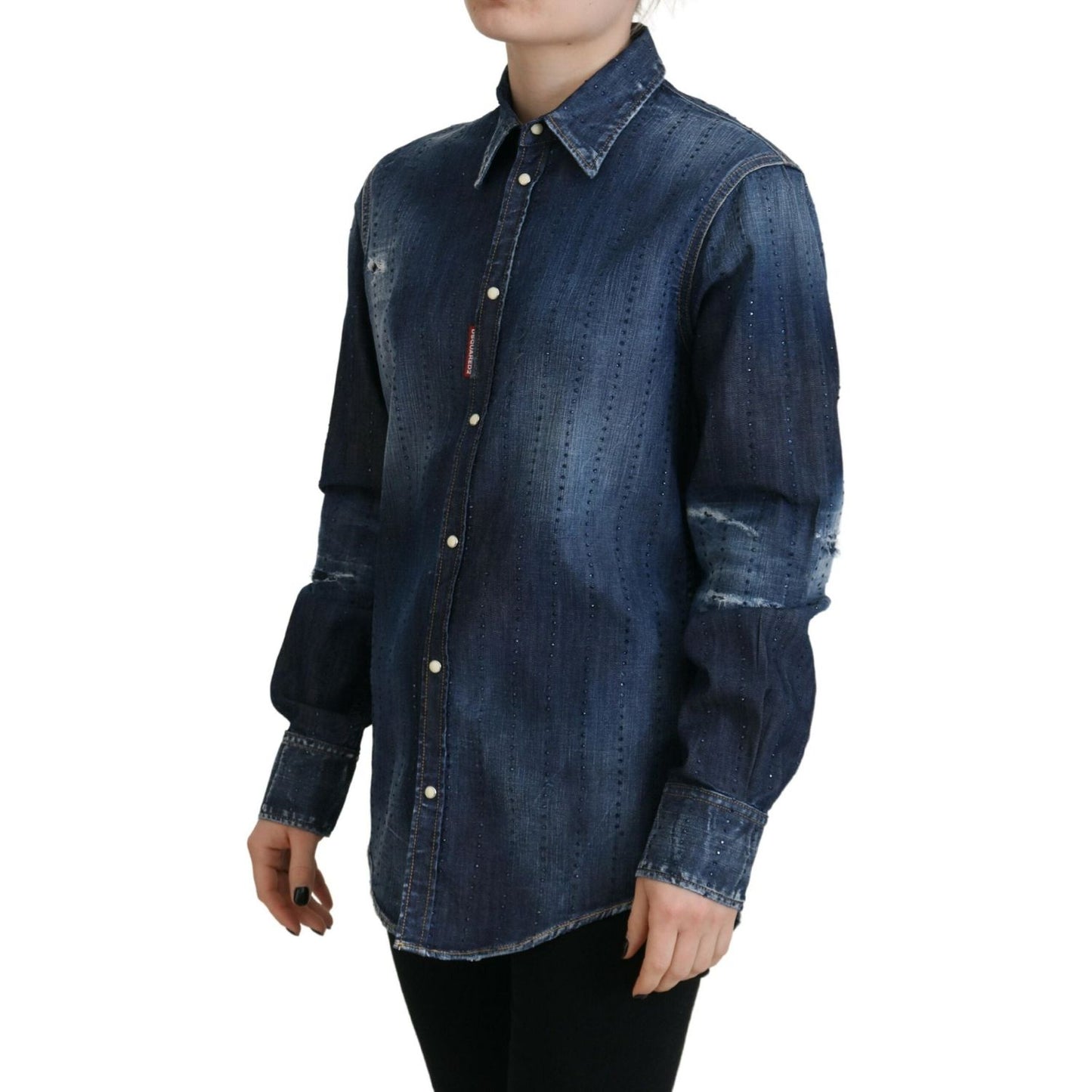 Blue Washed Cotton Button Down Collared Denim Top