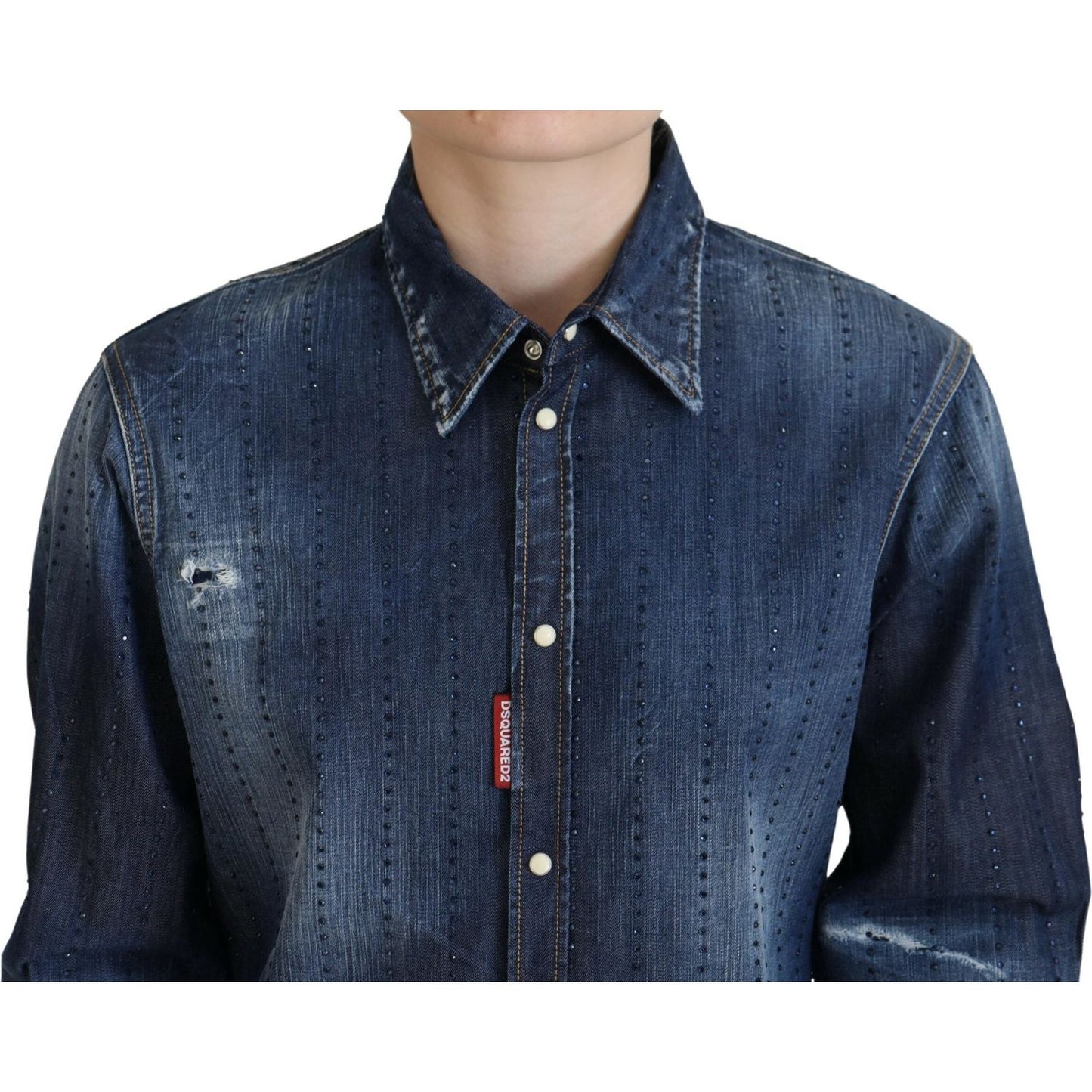 Blue Washed Cotton Button Down Collared Denim Top