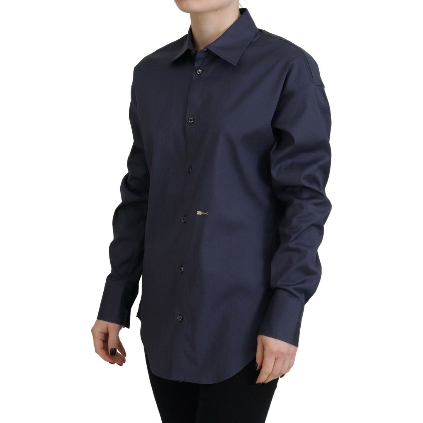 Navy Blue Cotton Button Down Collared Shirt Top