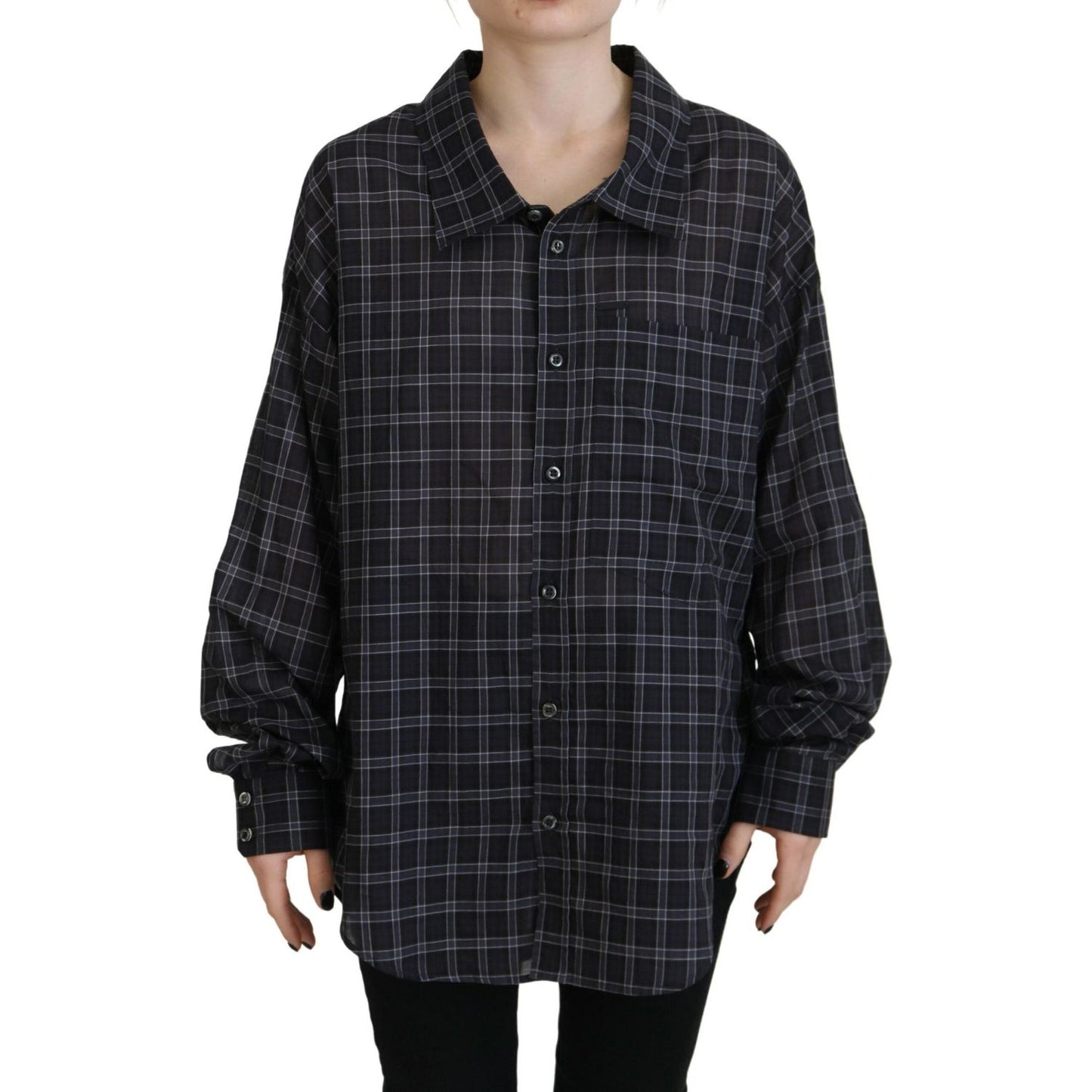 Black Checkered Collared Button Long Sleeves Shirt