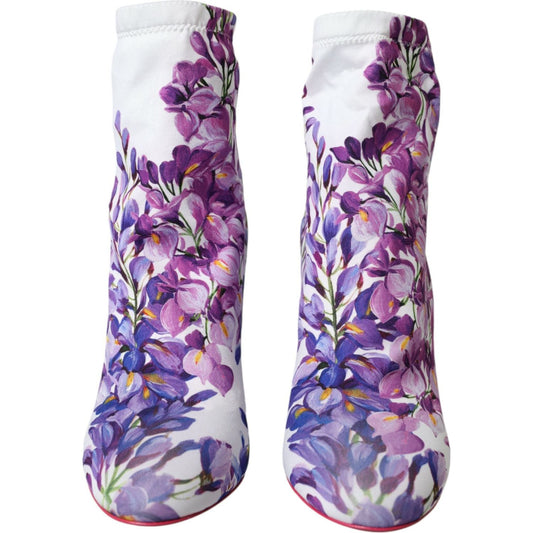 White Floral Jersey Stretch Boots Shoes