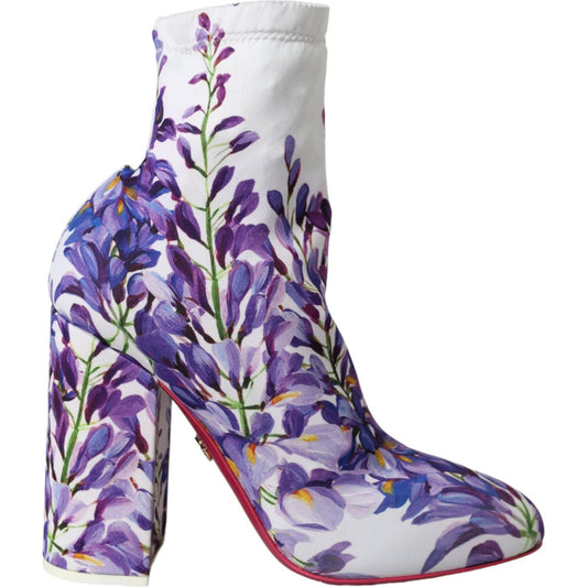 White Floral Jersey Stretch Boots Shoes