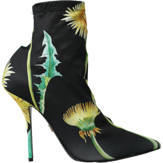 Black Floral Jersey Stretch Ankle Boots Shoes