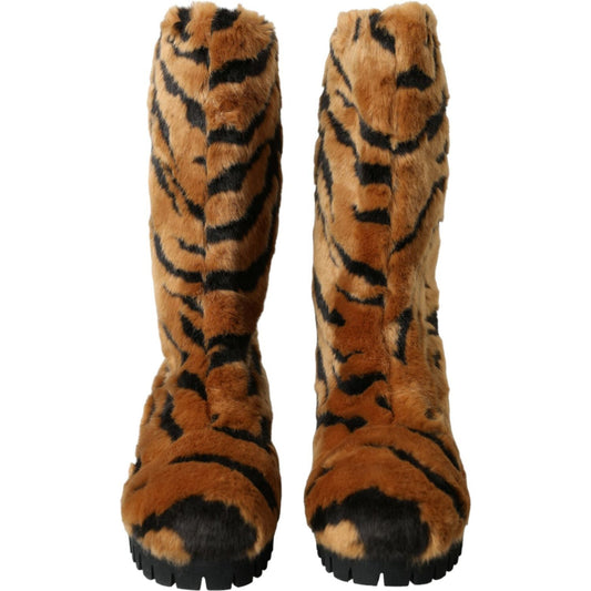 Brown Tiger Fur Leather Mid Calf Boots Shoes